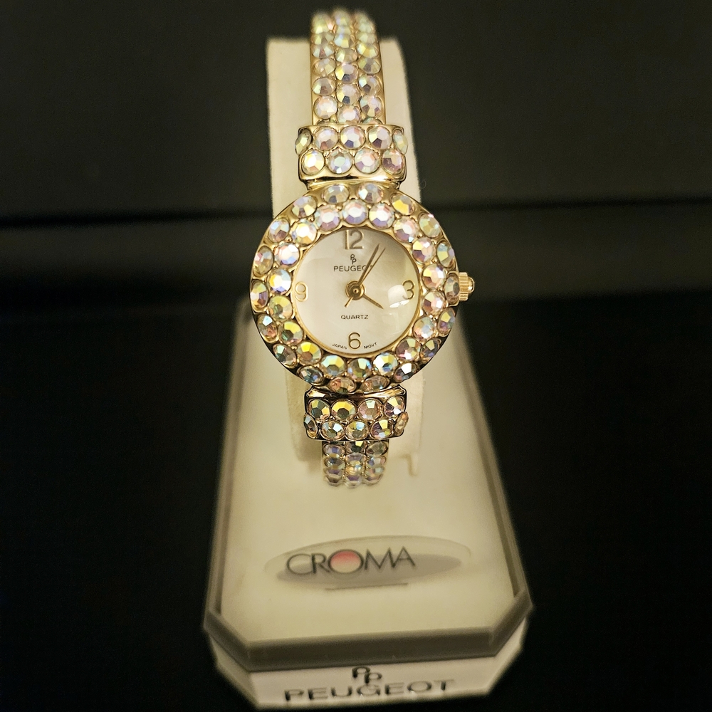 Peugeot Women's Gold Crystal Bangle Cuff Watch